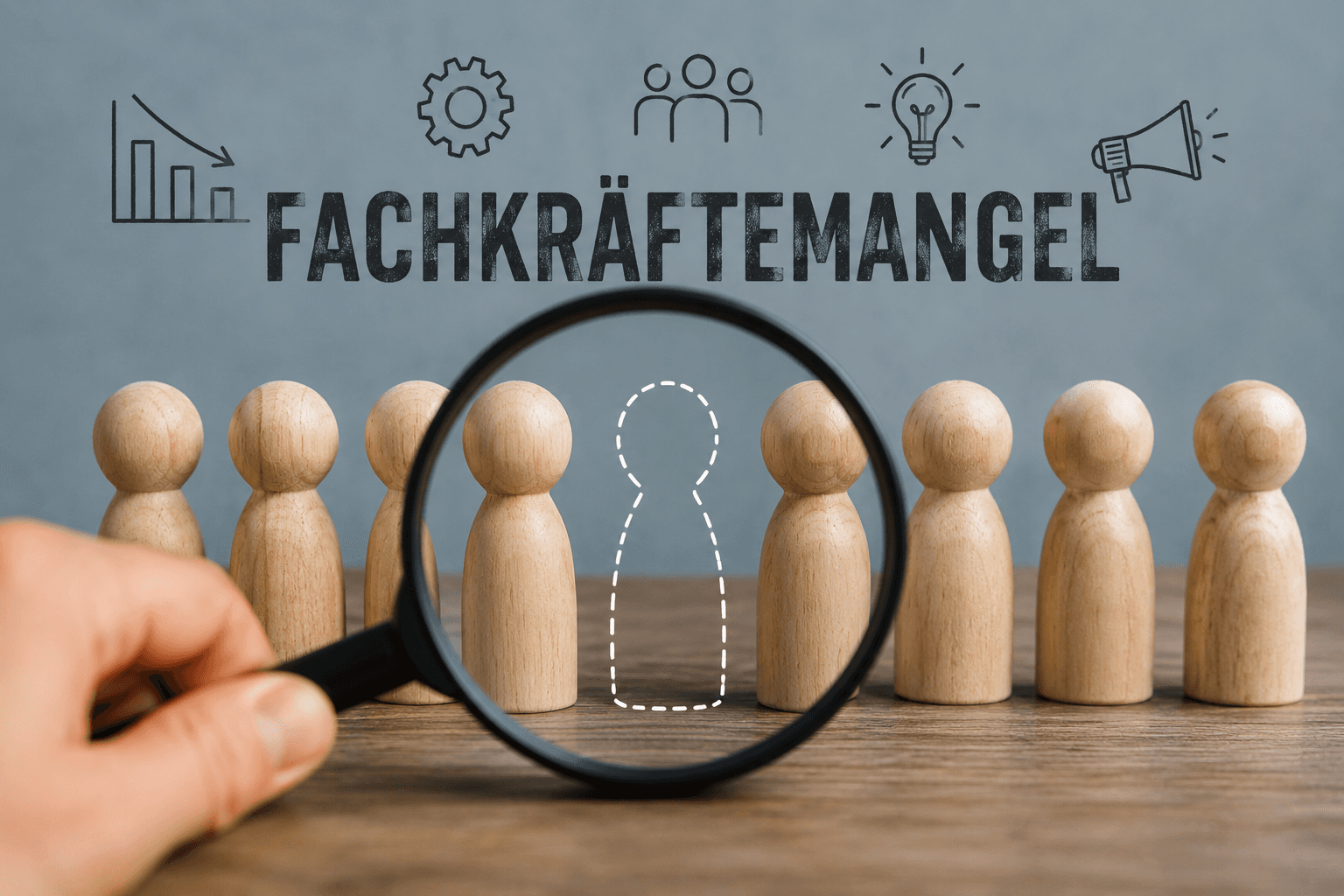 Lupe sucht fehlende Fachkraft zwischen Holzfiguren – Symbol für den Fachkräftemangel in Deutschland.